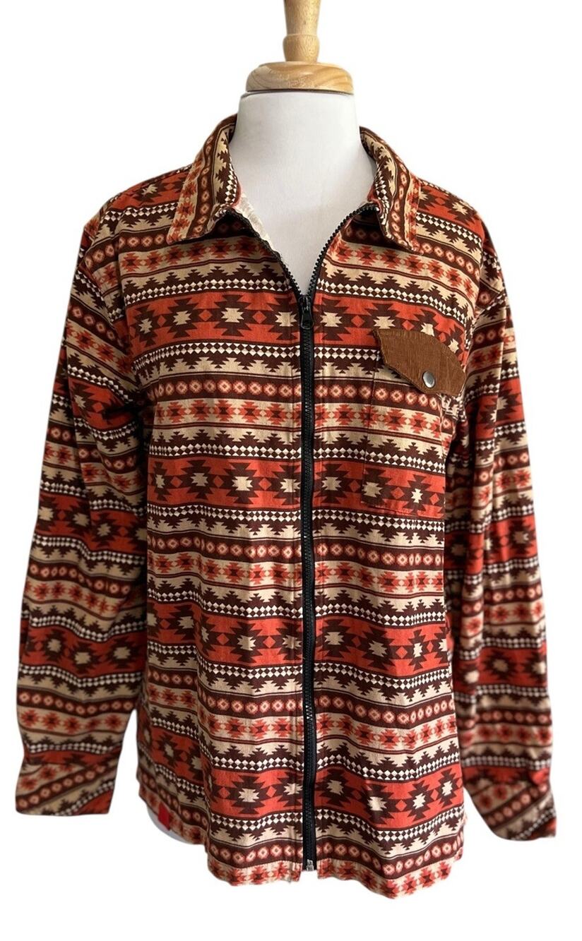 Prntd Denim Lightweight Jacket Women’s L Earthy Desert Chic Western Zip Up